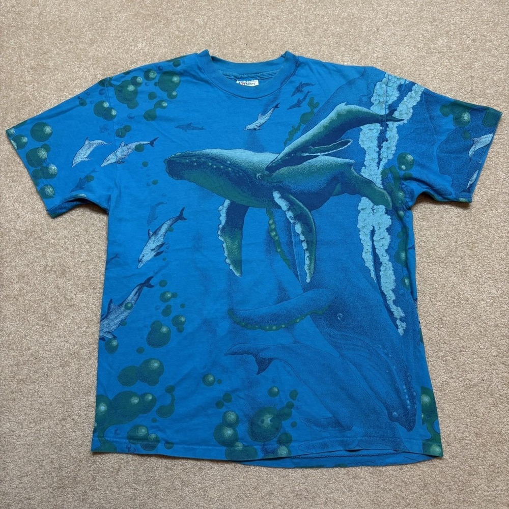 Vtg Harlequin Nature Shirt Large Blue Whales Ocean Sealife AOP Graphic USA 90s
